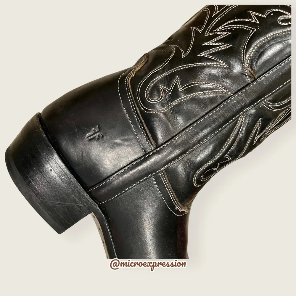 VINTAGE 1990 Frye Black Red Contrast Leather Embroidery Stitch Tall Cowboy Boot